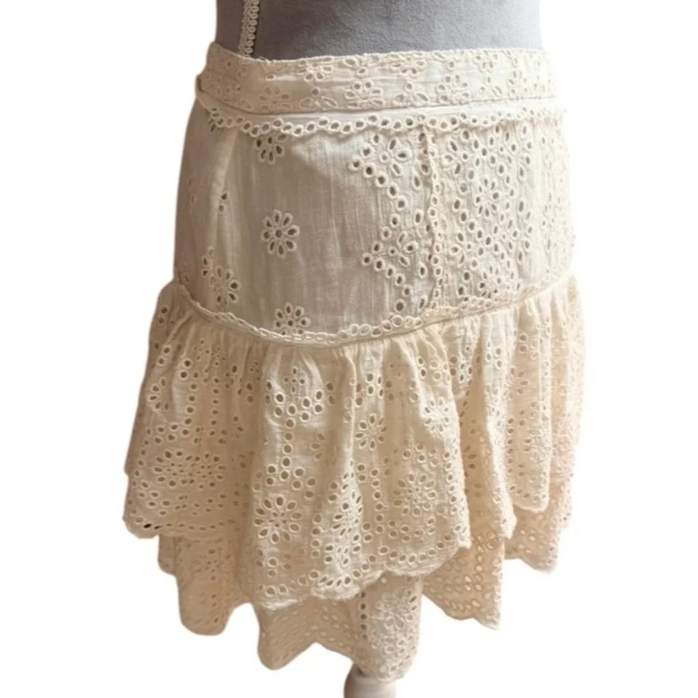 LoveShackFancy‎ Skirt Women S Cream Eyelet Ruffle Mini Boho Coquette Cottagecore